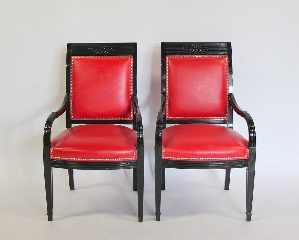 Appraisal: Pair Of Lacquered Armchairs With Red Leather Upholstery Nice lines