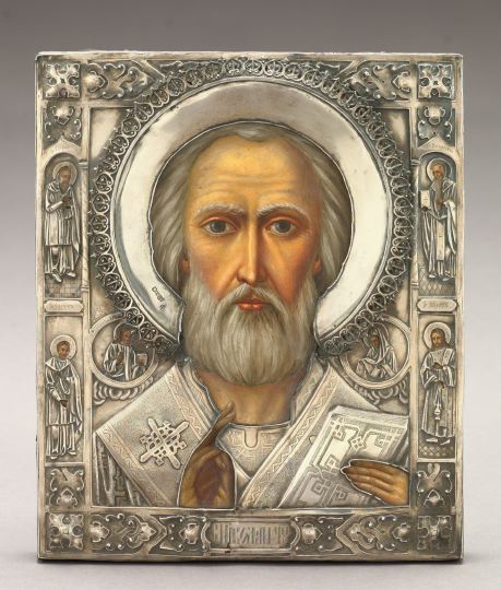 Appraisal: Good Russian Polychromed Wood-Panel Ikon of St Nicholas the Miracle