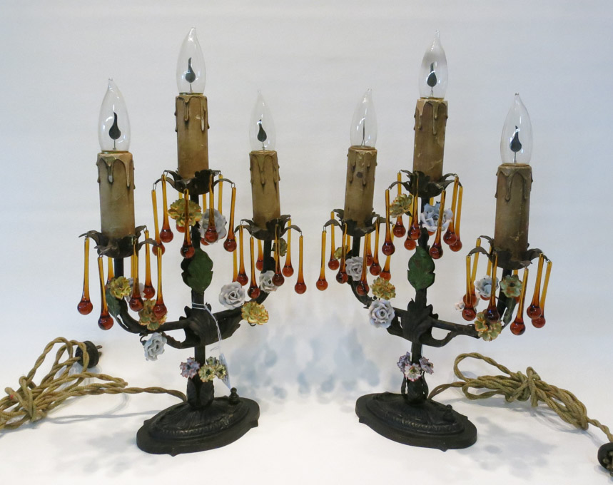 Appraisal: PAIR VICTORIAN METAL CANDELABRA TABLE LAMPS each with three candlestick