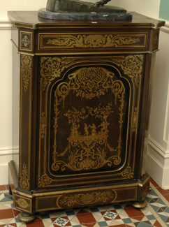 Appraisal: A LOUIS XVI STYLE CUT BRASS INLAID EBONISED SIDE CABINET