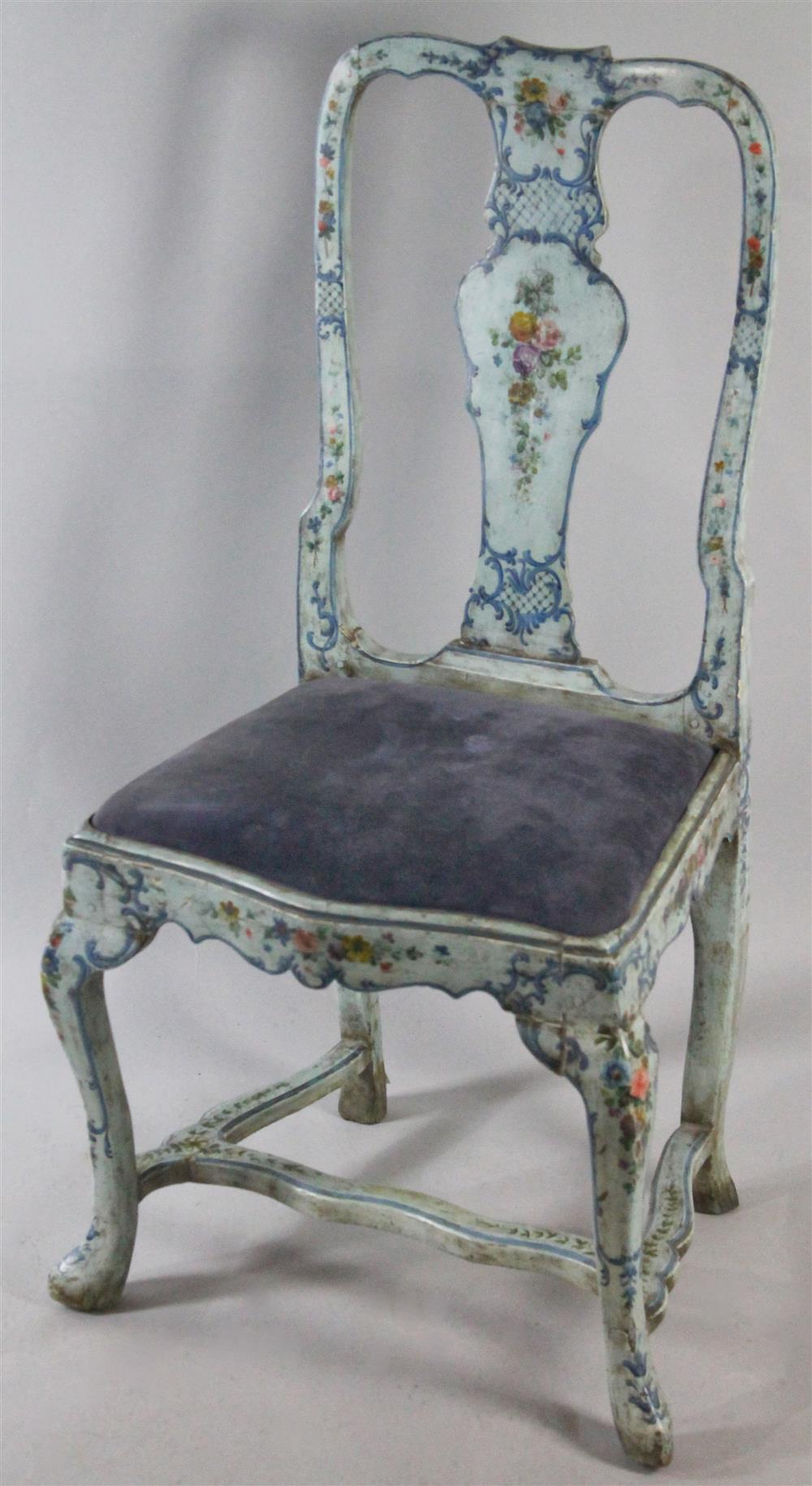 Appraisal: QUEEN ANNE CONTINENTAL FLORAL DECORATED SIDE CHAIR WITH BLUE GROUND