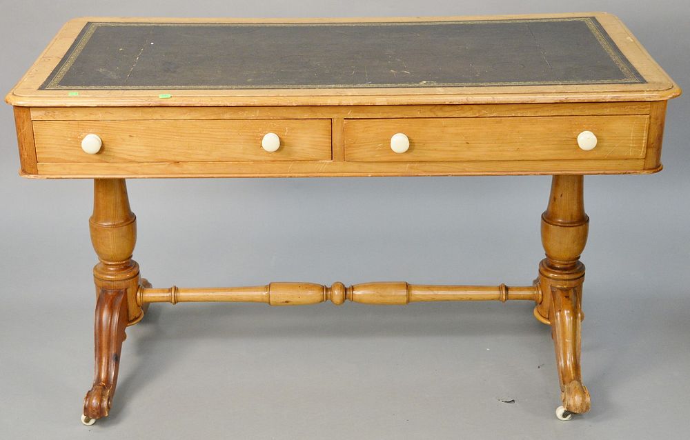 Appraisal: Pine leather top table with two drawers ht in top