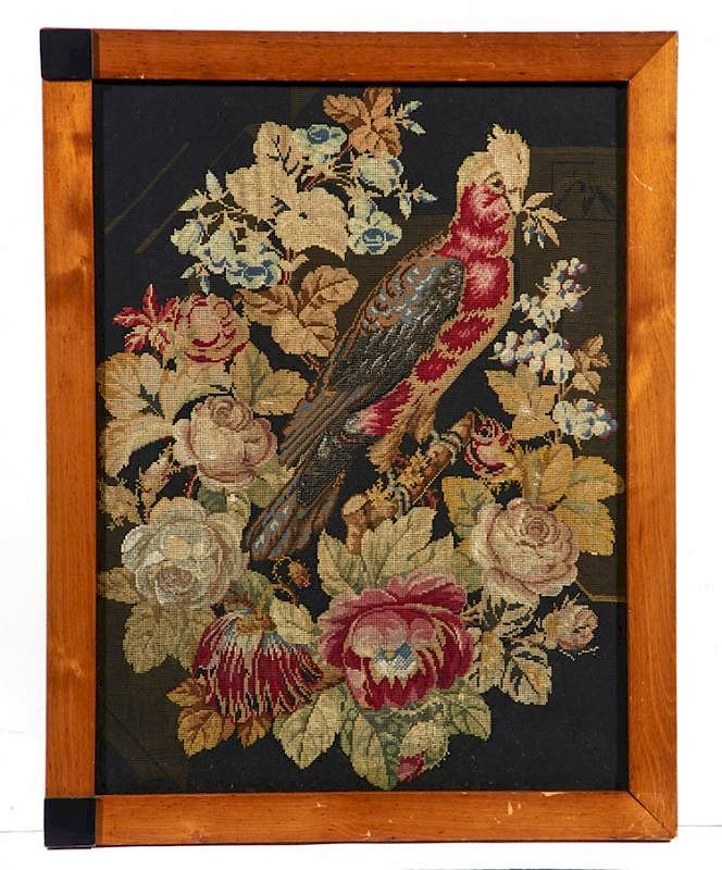 Appraisal: th c Needlepoint work parrot and flowers framed x th