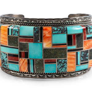 Appraisal: Large Navajo Men's Sterling Silver Cuff Bracelet with Mosaic Inlay