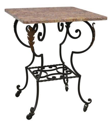 Appraisal: French marble-top wrought iron pedestal table th c square top