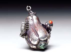 Appraisal: REPOUSS SILVER SNUFF BOTTLE Very unusual Chinese repouss and engraved