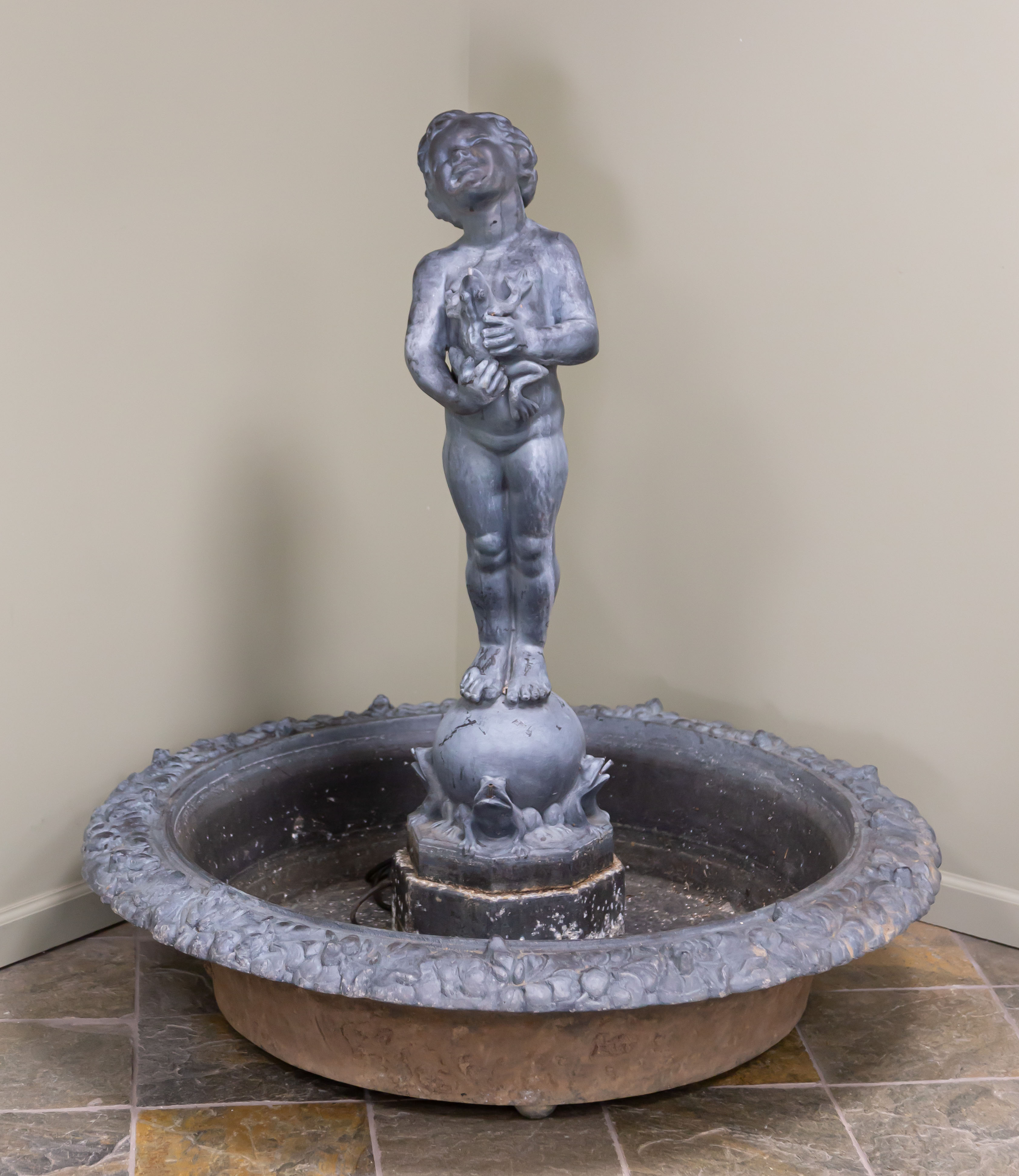 Appraisal: ZINC CAST IRON GARDEN FOUNTAIN WITH BOY HOLDING FROG th