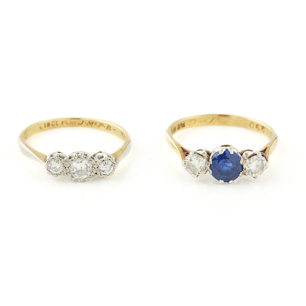 Appraisal: A sapphire and diamond set three stone ring claw set