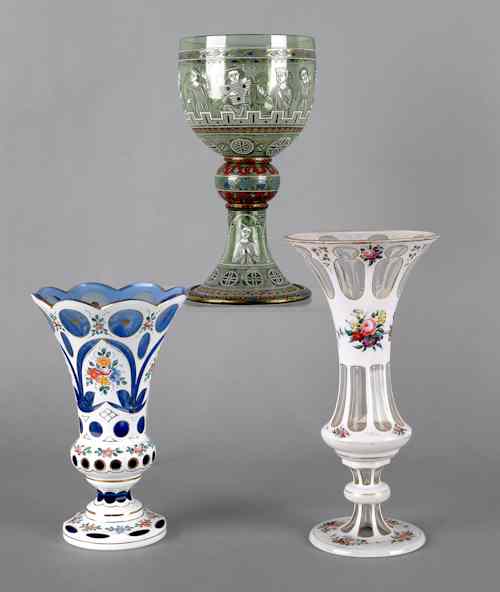 Appraisal: Enamel decorated pokal together with two Bohemian glass vases h