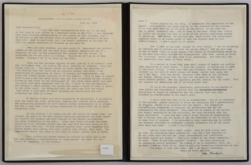 Appraisal: STEINBECK JOHN AUTOGRAPH LETTER SIGNED TO DR MARTIN LUTHER KING