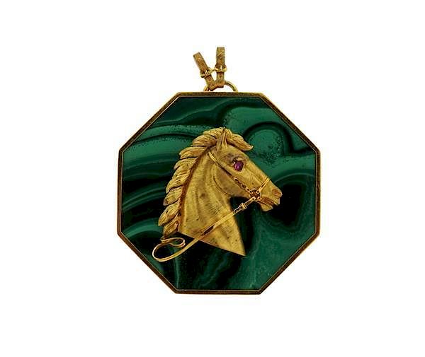 Appraisal: Massive Italian K Gold Malachite Ruby Horse Pendant METAL K