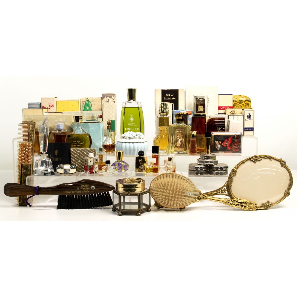 Appraisal: PERFUMES AND VANITY ASSORTMENTIncluding a hand mirror brush and comb