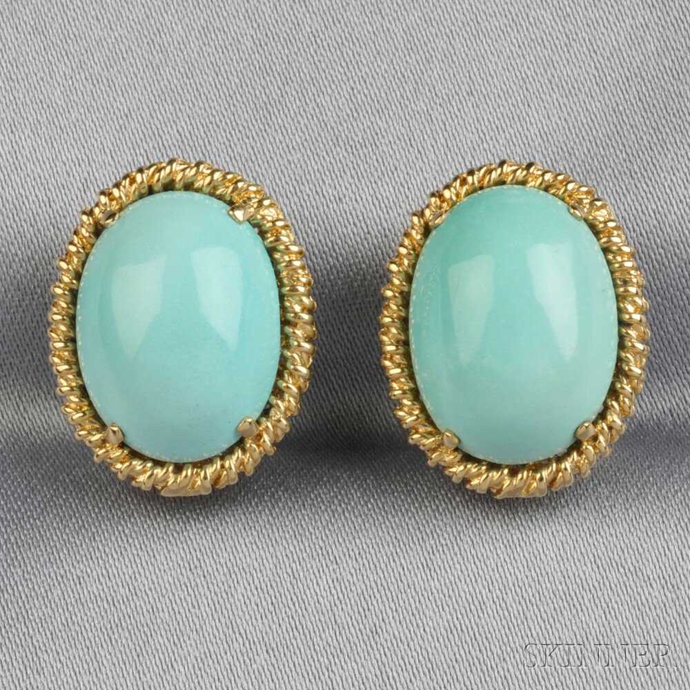 Appraisal: kt Gold and Turquoise Earclips Tiffany Co each oval cabochon