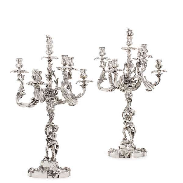 Appraisal: Pair Louis XV style silvered figural candelabra A pair of