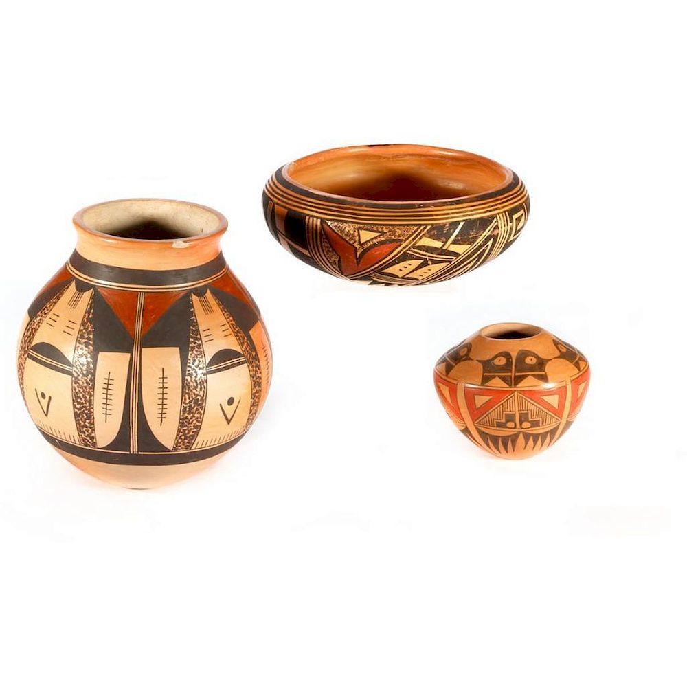 Appraisal: Three Hopi Polychrome Vessels A tall jar by Jean Sahme