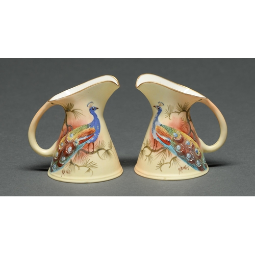 Appraisal: A pair of Locke Co Worcester jugs c painted by