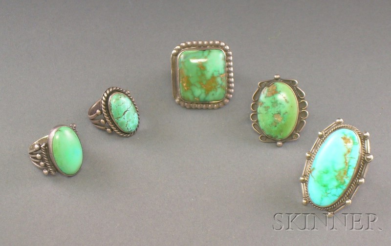 Appraisal: Five Southwest Silver and Turquoise Rings Navajo all with large