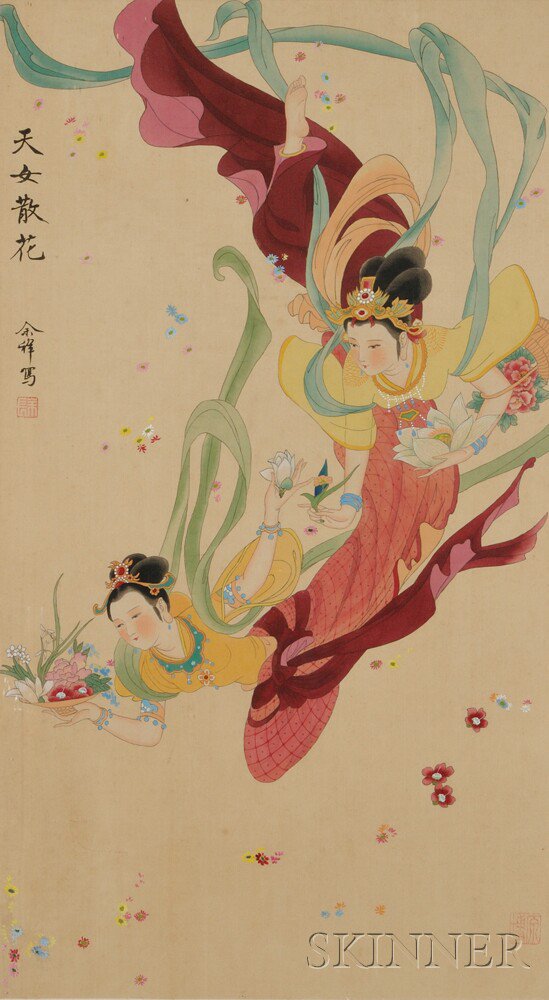 Appraisal: Framed Painting of Apsaras China ink and color on silk