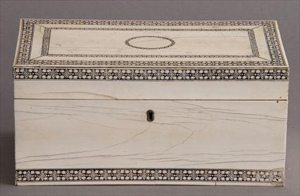 Appraisal: GEORGE III ANGLO-INDIAN VIZAGAPTAM ENGRAVED IVORY AND SANDALWOOD TEA CADDY