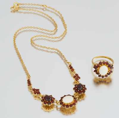 Appraisal: A Garnet White Opal and Vermeil Necklace and Ring Set