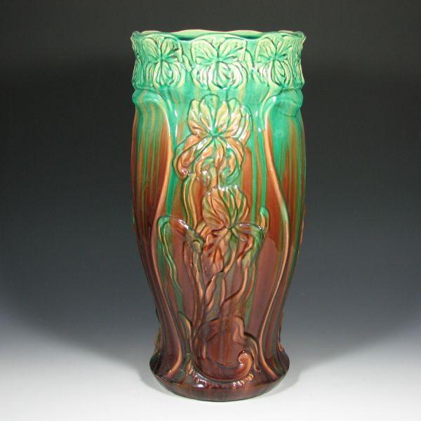 Appraisal: Blended glaze or Majolica umbrella stand with irises Unmarked Few