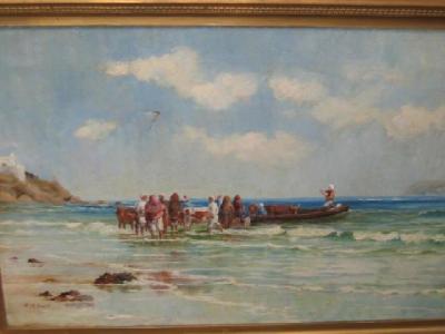 Appraisal: A M HIRST Beach Scene with figures Loading Cattle onto