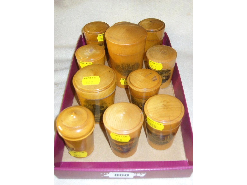 Appraisal: A collection of Mauchline ware comprising eleven boxes medicine glass