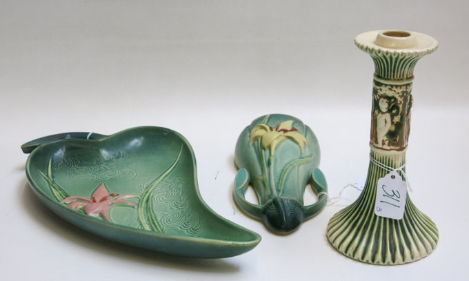 Appraisal: THREE ROSEVILLE ART POTTERY PIECES two in the Zephyr Lily