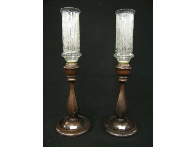 Appraisal: Pair of Mahogany Candlesticks with hurricane shades bases shades flakes