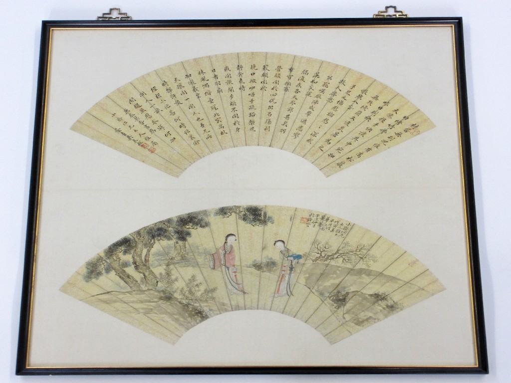 Appraisal: A Chinese painted fan painted with two ladies beneath pine