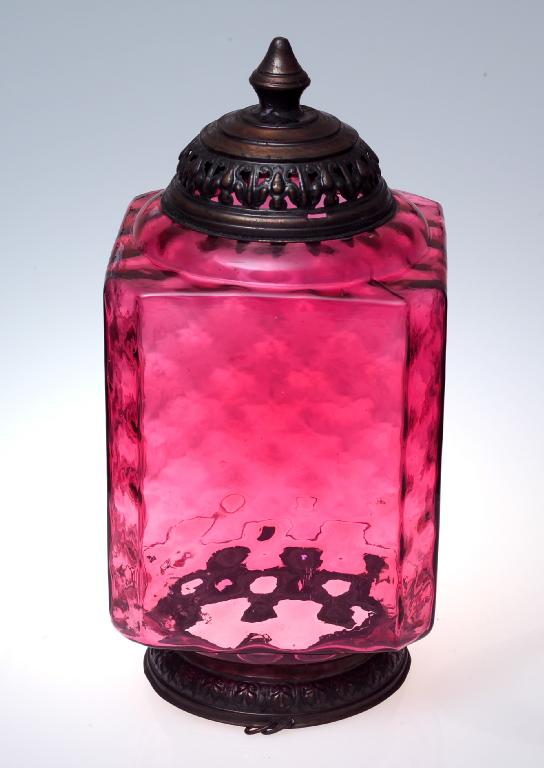 Appraisal: VICTORIAN CRANBERRY GLASS LANTERN of rectangular form with gilt-brass mounts