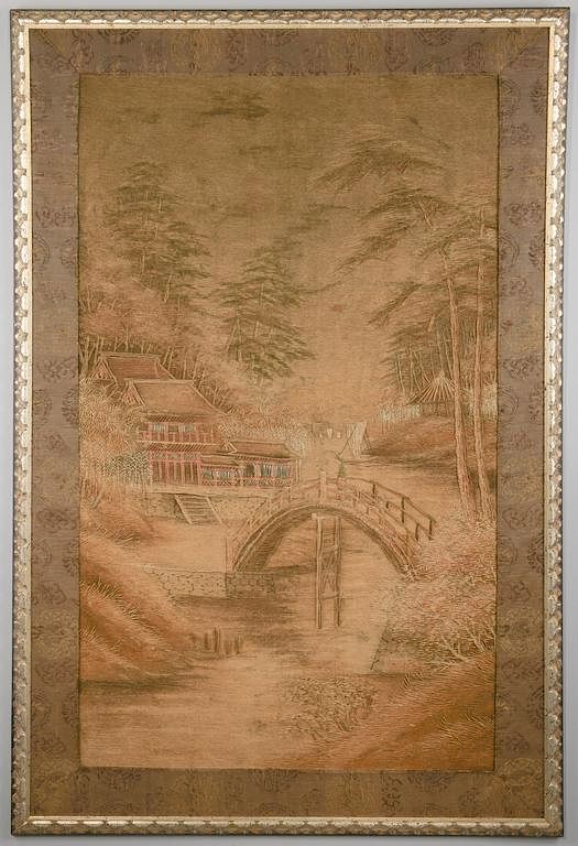 Appraisal: Meiji Embroidered Landscape Panel Large Japanese silk embroidered landscape panel