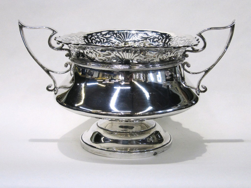 Appraisal: Silver double handled punch bowl with pierced rim Sheffield oz