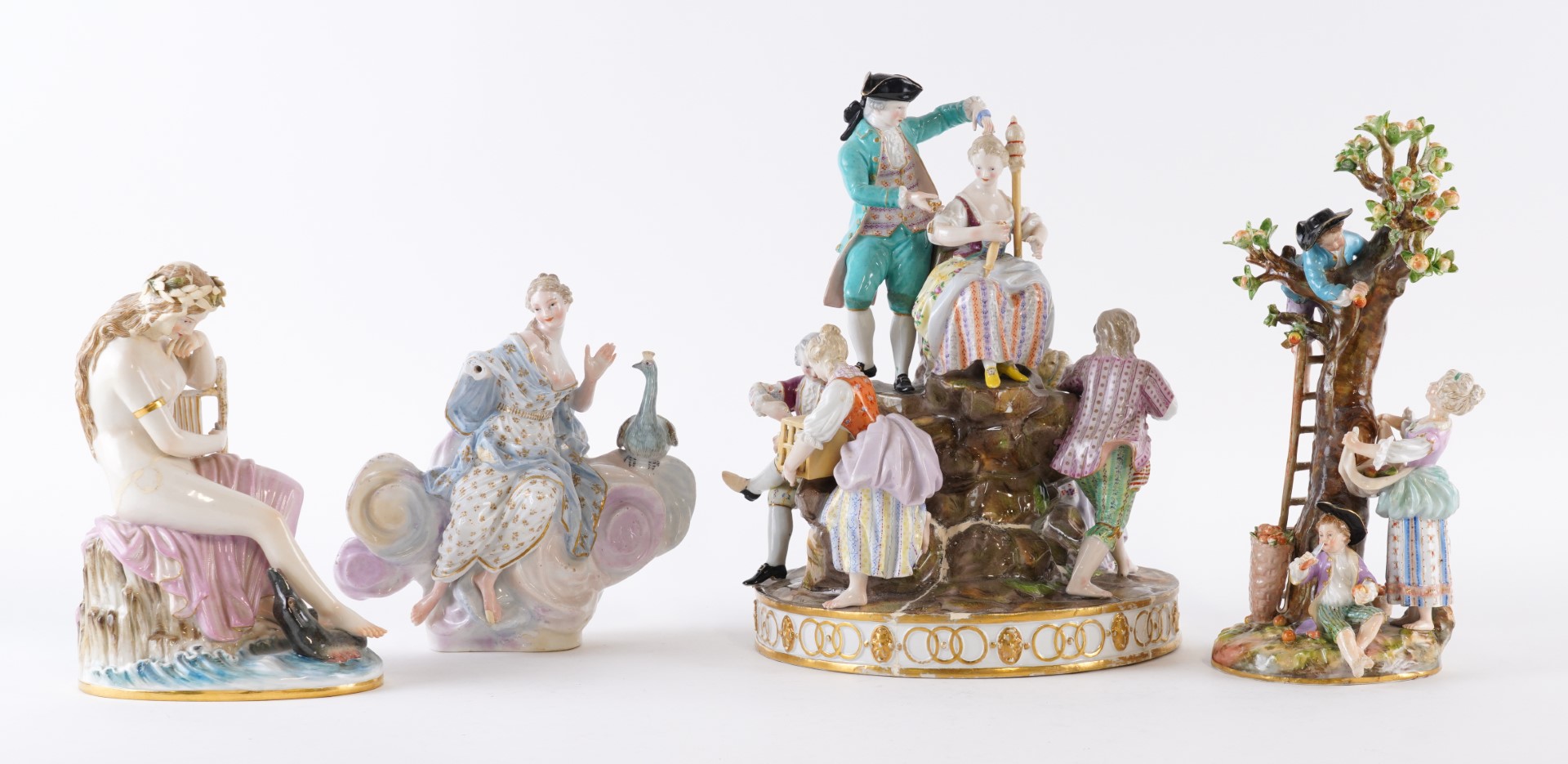 Appraisal: FOUR MEISSEN FIGURE GROUPS th century Comprising a group emblematic