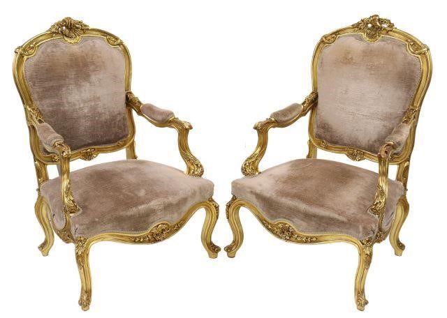 Appraisal: pair Louis XV style giltwood armchairs th c carved foliate