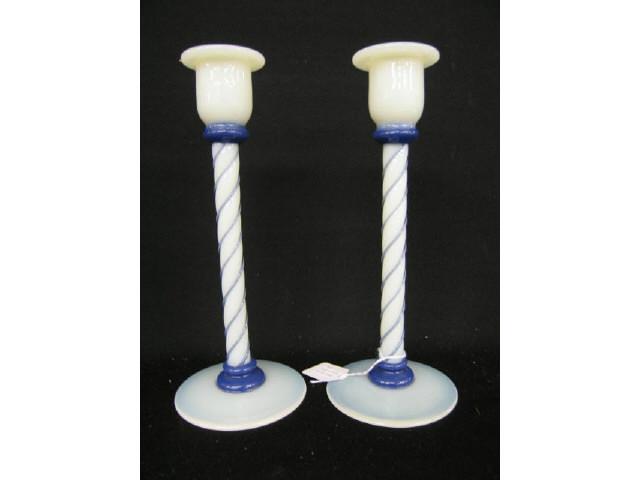 Appraisal: Fry Foval Art Glass Candlesticks Delft threading base and bobeche