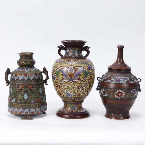 Appraisal: Three Asian champlev bronze vessels converted into lamp bases with