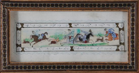 Appraisal: Middle Eastern miniature painted panel th century DEER HUNT SCENE