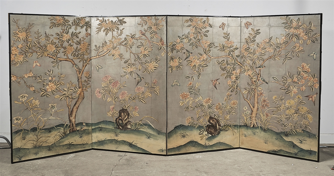 Appraisal: Chinese four-panel painted paper screen depicting trees and flowers on