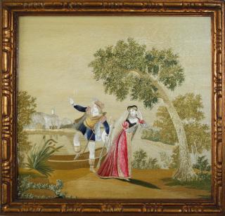 Appraisal: Mid Th C Needlework On Silk Picture With Courting Couple