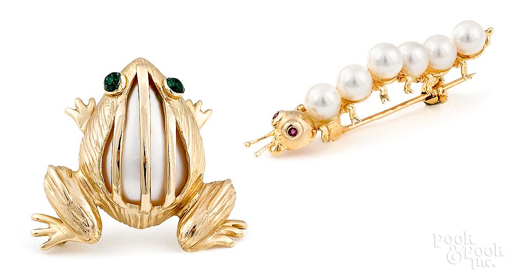 Appraisal: Two K yellow gold and pearl brooches Exclusive on Bidsquare