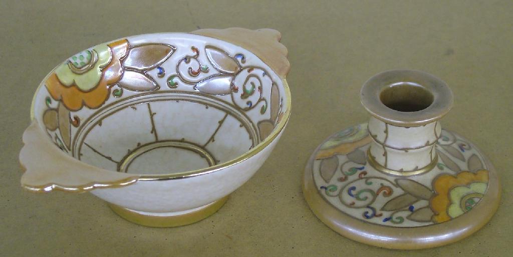 Appraisal: Charlotte Rhead Bursley Ware 'Trellis and Flower' candlestick pattern TL