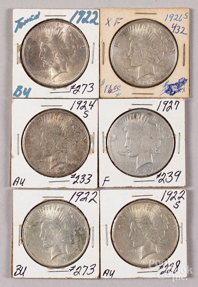 Appraisal: Six Peace silver dollars Six Peace silver dollars In-House shipping