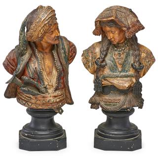 Appraisal: FRIEDRICH GOLDSCHEIDER TERRA COTTA BUSTS Polychrome painted Romani man and