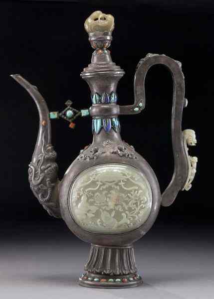 Appraisal: Chinese-Mongolian jade inlaid silver libation potstudded with lapis lazuli and