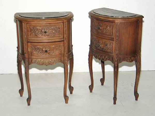 Appraisal: A pair of Louis XV style hardwood top demilune bedside