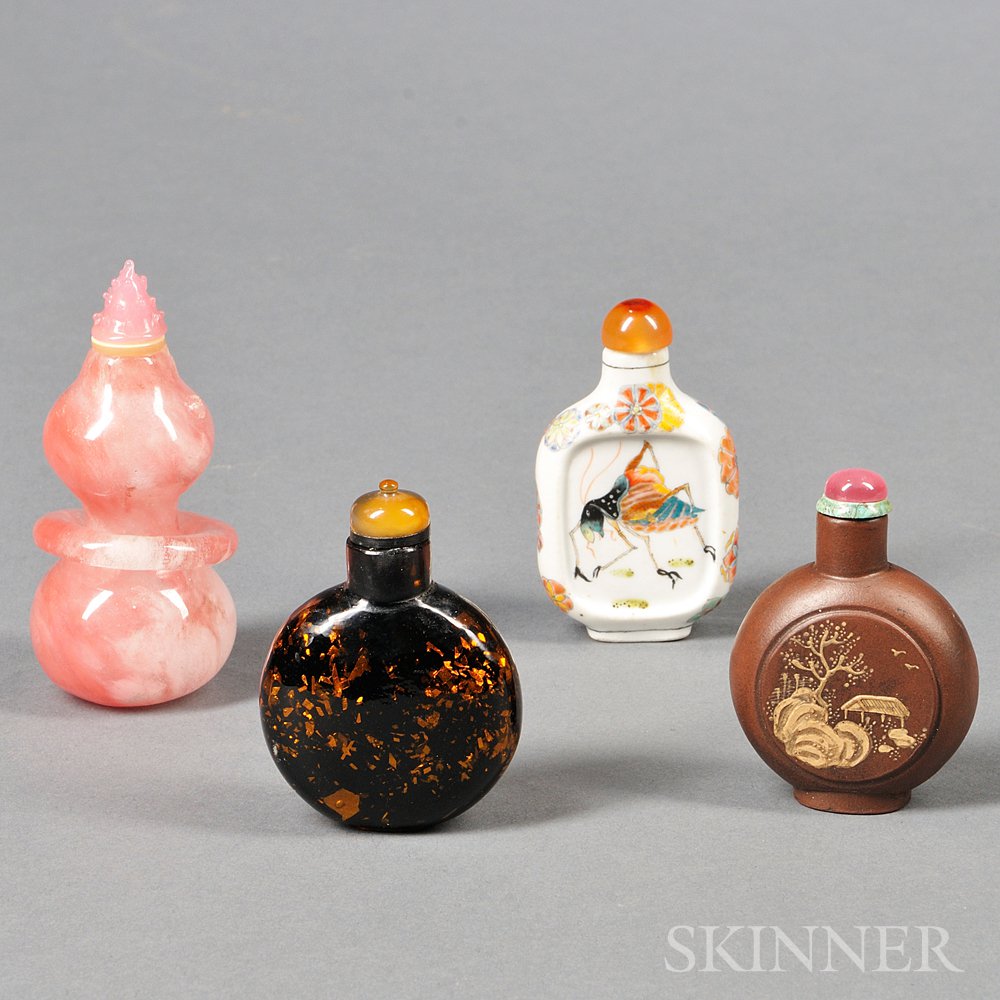 Appraisal: Four Snuff Bottles China a flattened rectangular porcelain snuff decorated