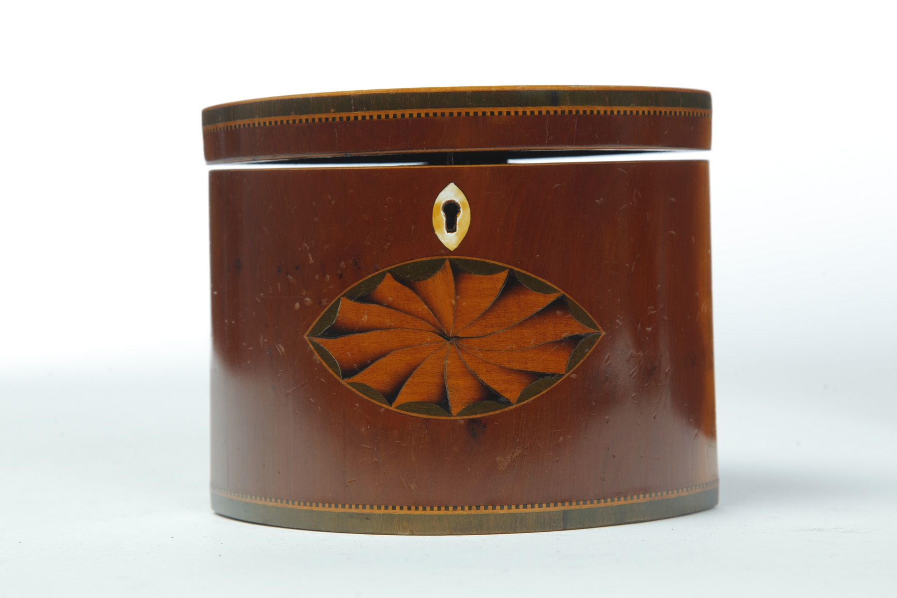 Appraisal: ENGLISH INLAID TEA CADDY Late th-early th century mahogany veneer