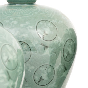 Appraisal: Six Korean Celadon Glazed Porcelain 'Crane and Cloud' Maebyong Vases