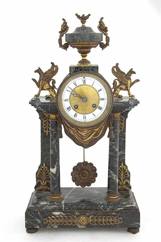 Appraisal: French green marble portico mantel clock circa marble urn with